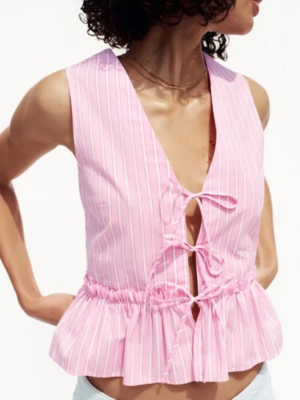 Pink Striped Tie-Front Peplum Top